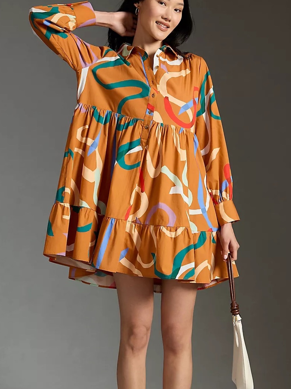 Maeve Anthropologie printed patterned tiered shirt dress mini long sleeve M
